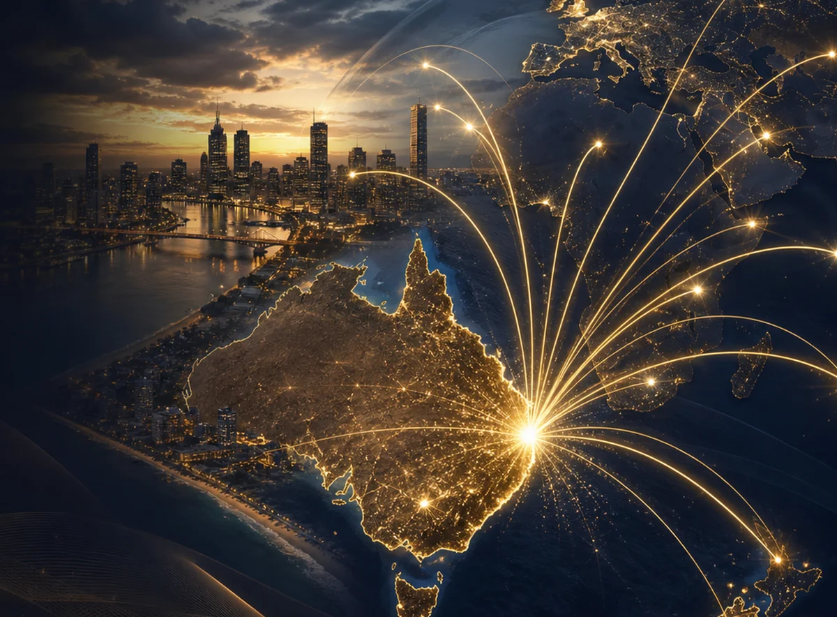 Australia-to-world pathway arcs from South East Queensland